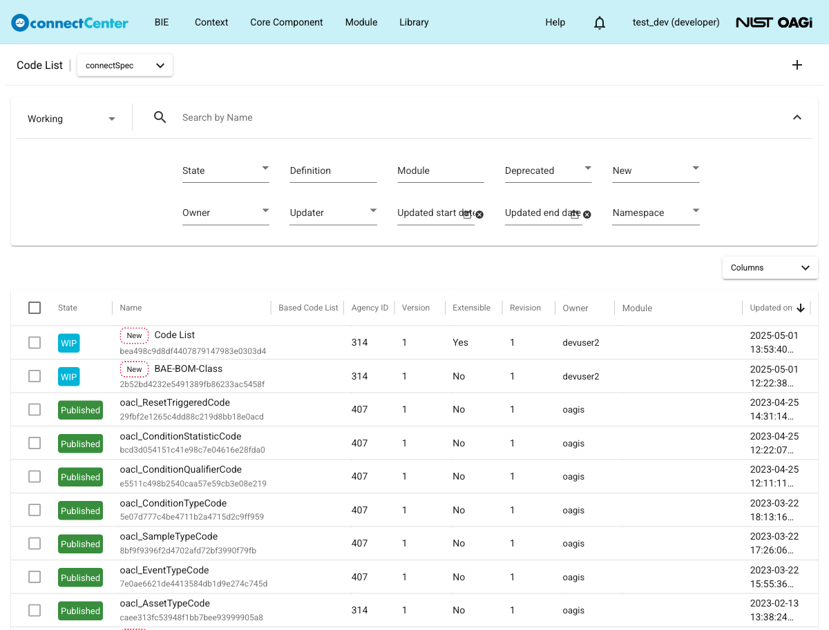 Code List page with the Advanced Search expanded and the State, Name, Based Code List, Agency ID, Version, Extensible, Revision, Owner, Module, and Updated on columns