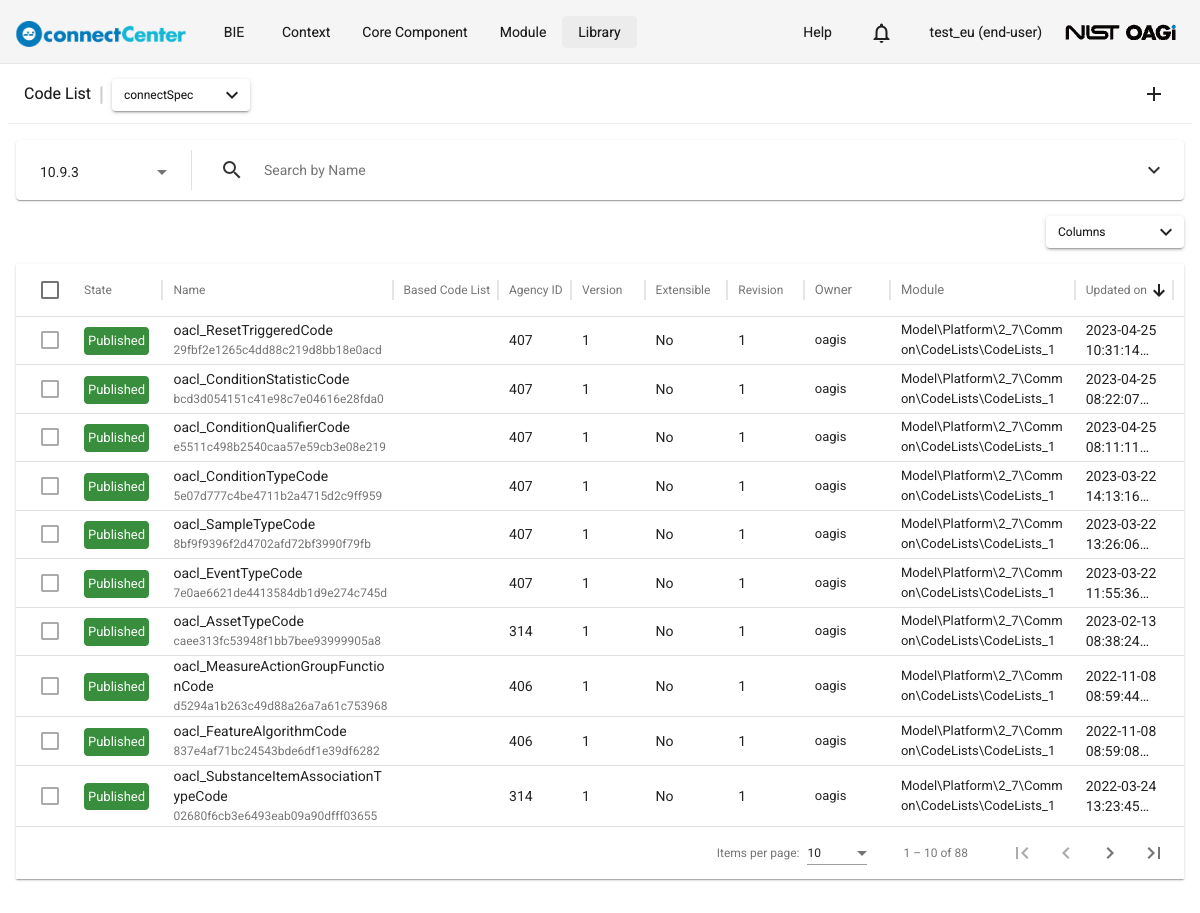 Code List page as an end user on the published 10.9.3 branch, showing the add icon button at the top right, the Branch filter, the Search by Name field, and Published developer code lists in the table