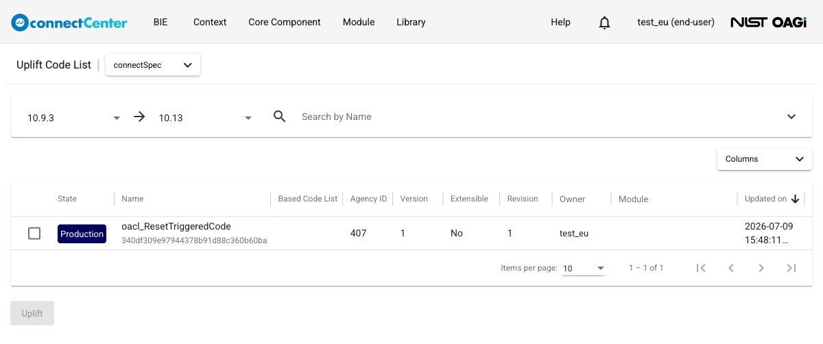 Uplift Code List page with the Source Branch 10.9.3 and Target Branch 10.13 selectors, the Search by Name field, one end-user code list row in the Production state, and the Uplift button at the bottom