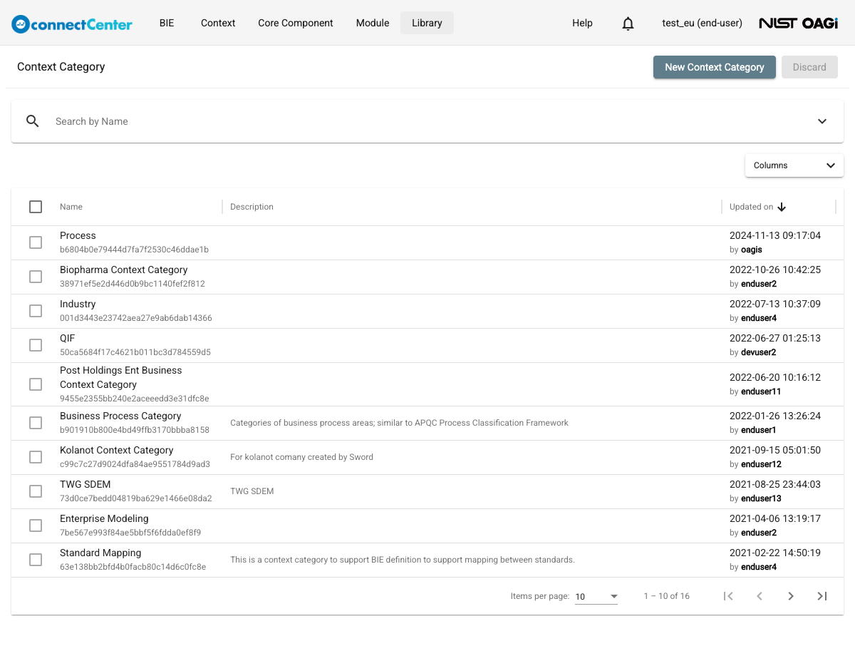 Context Category page listing categories with the Name, Description and Updated on columns, the Search by Name bar, and the New Context Category and Discard buttons at the top right
