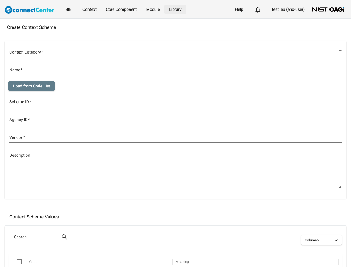 Create Context Scheme page with the Context Category and Name fields, the Load from Code List button, the Scheme ID, Agency ID, Version and Description fields, and the Context Scheme Values table