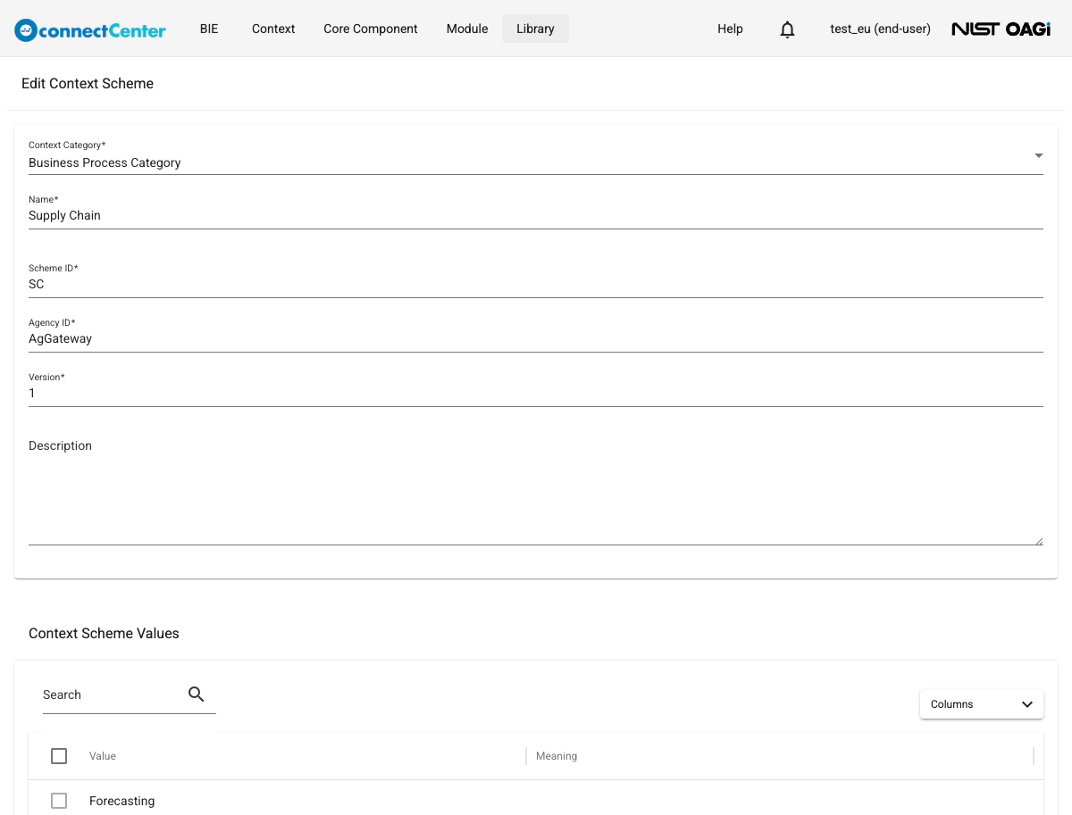 Edit Context Scheme page showing the Context Category, Name, Scheme ID, Agency ID, Version and Description fields and the Context Scheme Values table with its own Search box