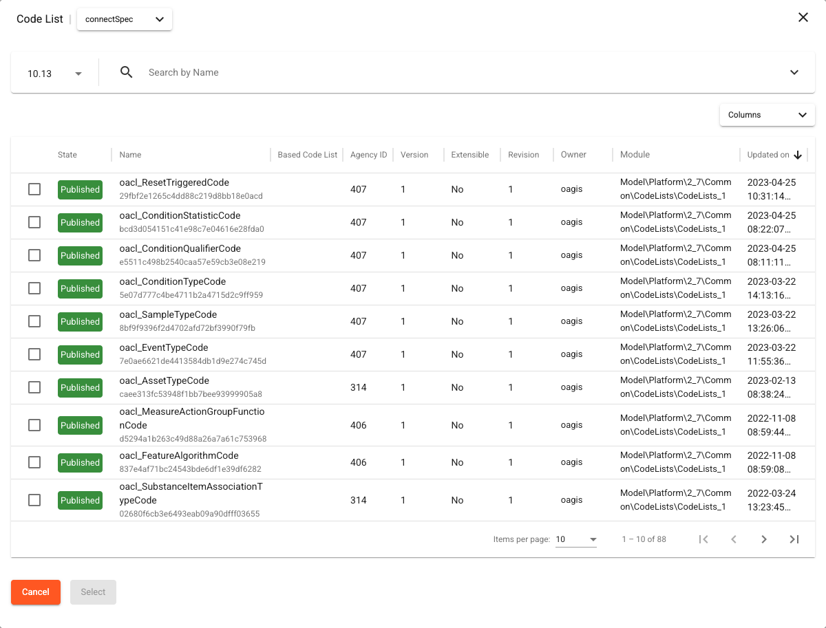 Code List dialog for loading a context scheme from a code list, showing a Branch selector, the Search by Name bar, Published code lists, and the Cancel and Select buttons