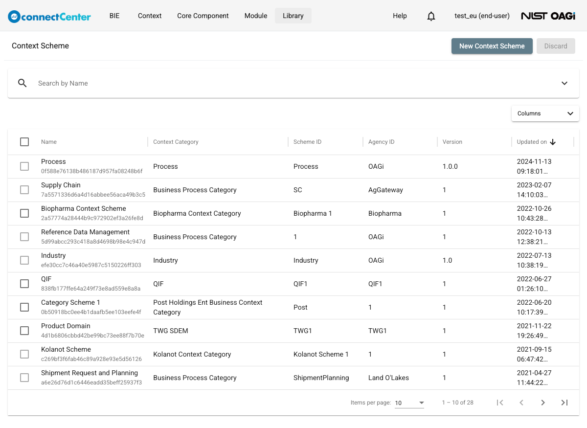 Context Scheme page listing schemes with the Name, Context Category, Scheme ID, Agency ID, Version and Updated on columns and the New Context Scheme and Discard buttons