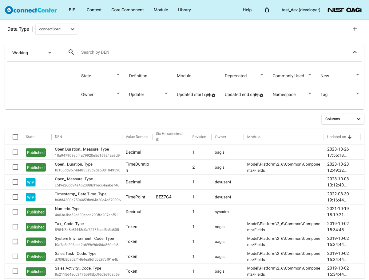 Data Type page with the Advanced Search expanded and the State, DEN, Value Domain, Six Hexadecimal ID, Revision, Owner, Module, and Updated on columns