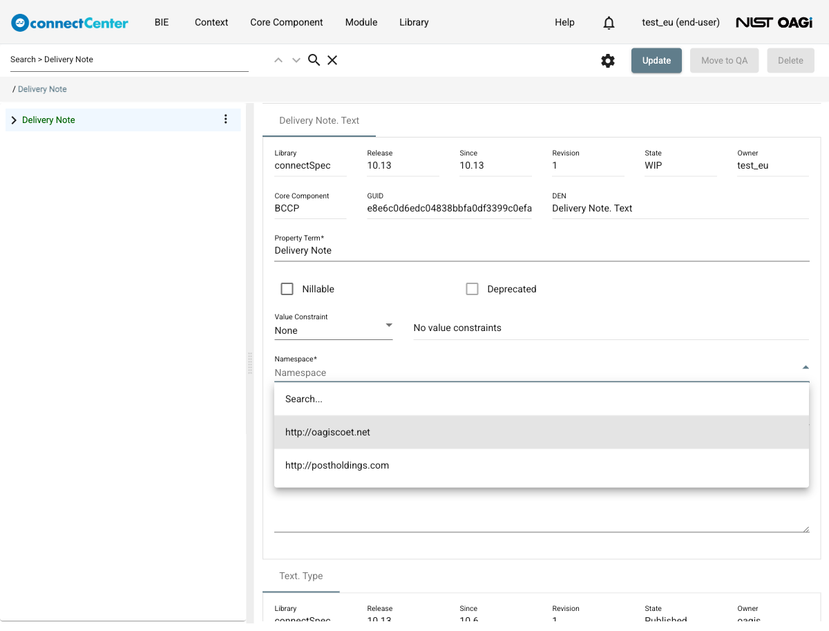 BCCP detail page of a WIP end-user BCCP on the 10.13 release branch, with the Move to QA button and the Namespace drop-down opened showing only non-standard namespaces