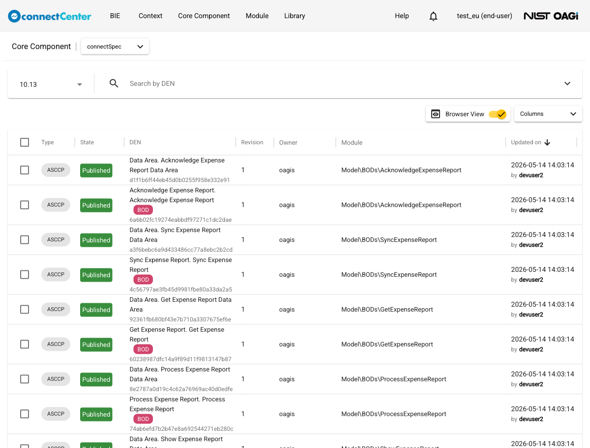 Core Component page in Browser View as an end user, with the Browser View toggle enabled and only ASCCP entries listed