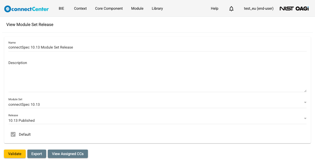 View Module Set Release page of an end user with disabled fields and the Validate, Export, and View Assigned CCs buttons