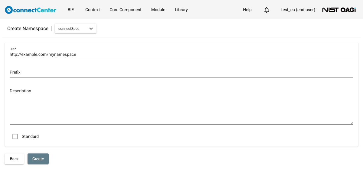 Create Namespace page as an end user with the URI filled out and the Standard checkbox unchecked and locked