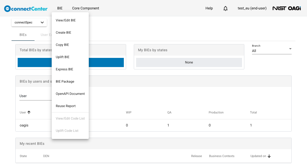 BIE menu of an end user in multi-tenant mode with the View/Edit Code List and Uplift Code List items disabled and no Business Term item; the top menu shows only the BIE and Core Component menus