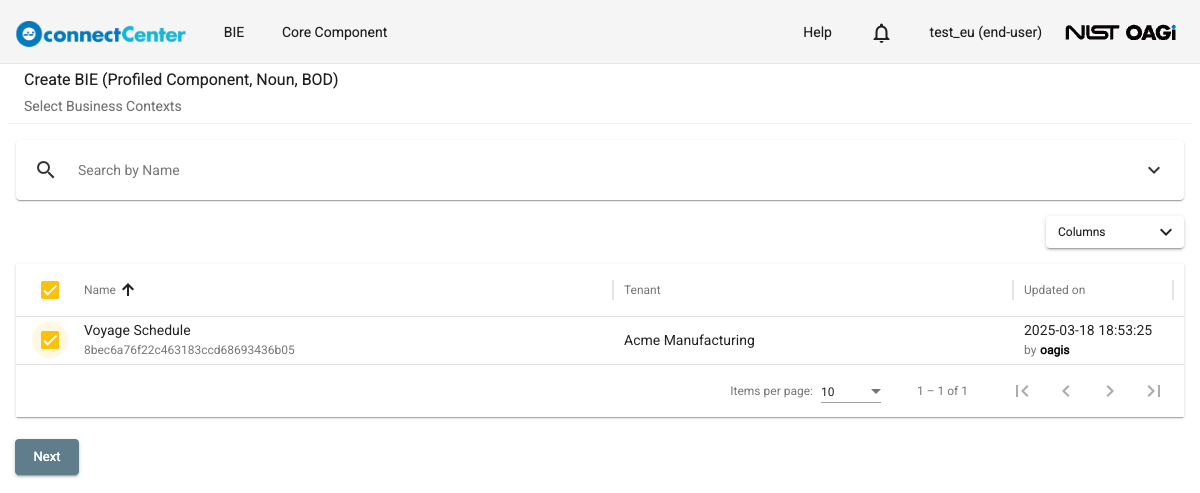 Select Business Contexts step of the Create BIE page listing only the single business context of the user's tenant, with a Tenant column showing the tenant name