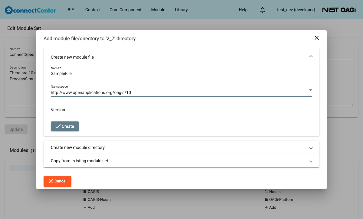 Add module dialog with the Create new module file section expanded showing the Name, Namespace, and Version fields and the Create button