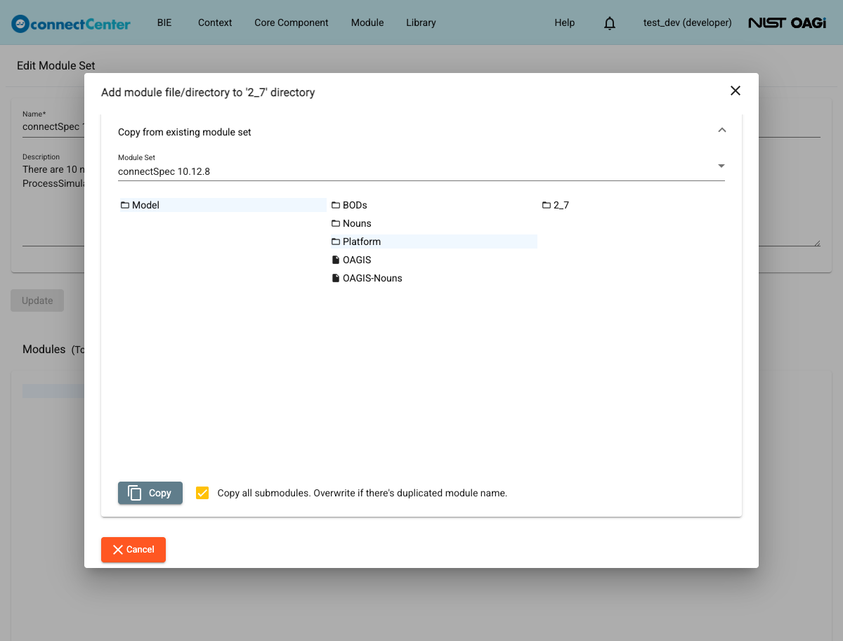 Add module dialog with the Copy from existing module set section expanded showing the source module set browser, the Copy button, and the copy-all-submodules checkbox
