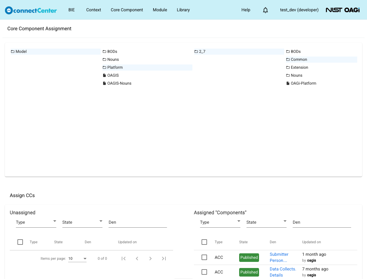 Core Component Assignment page with the module path columns at the top and the Unassigned and Assigned sections at the bottom