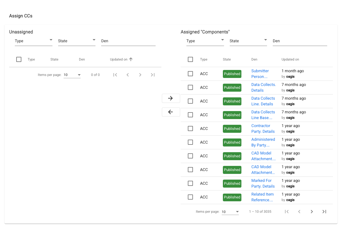 Assign CCs area with the Unassigned section, the Assign and Unassign arrow buttons, and the Assigned section listing the CCs of the selected module file