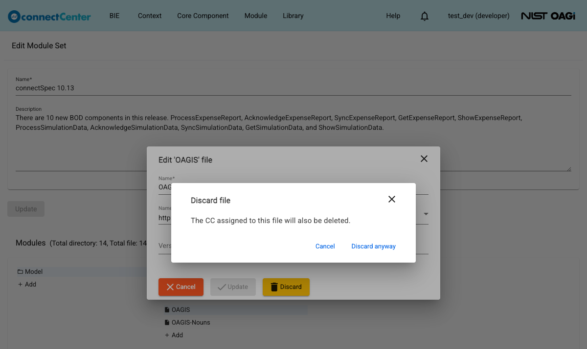 Discard file confirmation dialog warning that the CC assigned to this file will also be deleted, with the Cancel and Discard anyway buttons