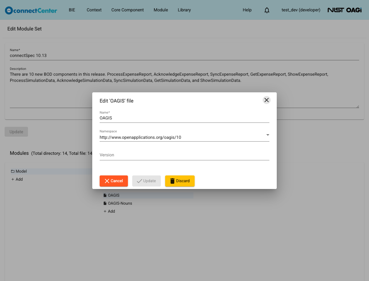 Edit module file dialog with the Name, Namespace, and Version fields and the Cancel, Update, and Discard buttons