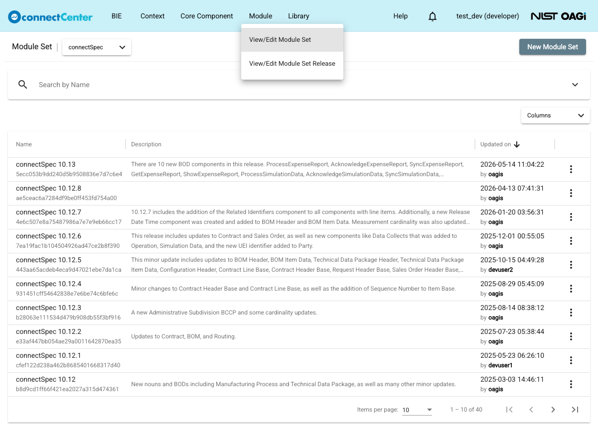 Module menu of a developer with the View/Edit Module Set and View/Edit Module Set Release menu items over the Module Set page