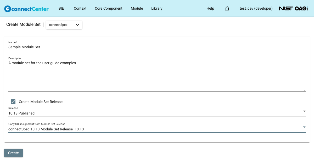 Create Module Set page with the Name and Description filled out, the Create Module Set Release checkbox checked, and a Release and a source Module Set Release selected