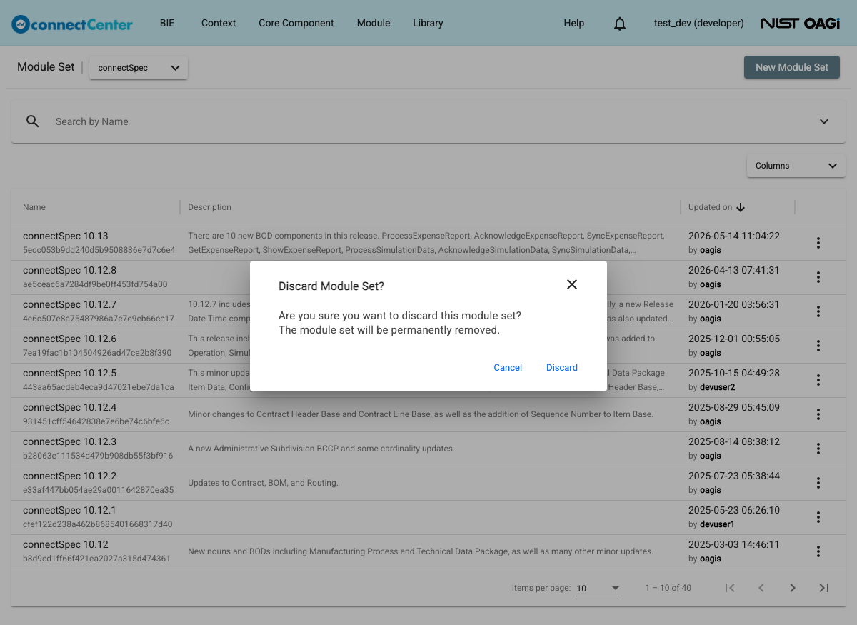 Discard Module Set confirmation dialog over the Module Set page