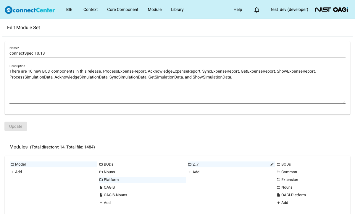 Edit Module Set page with the Name and Description in the top panel, the Update button, and the Modules section showing four columns of module directories and files