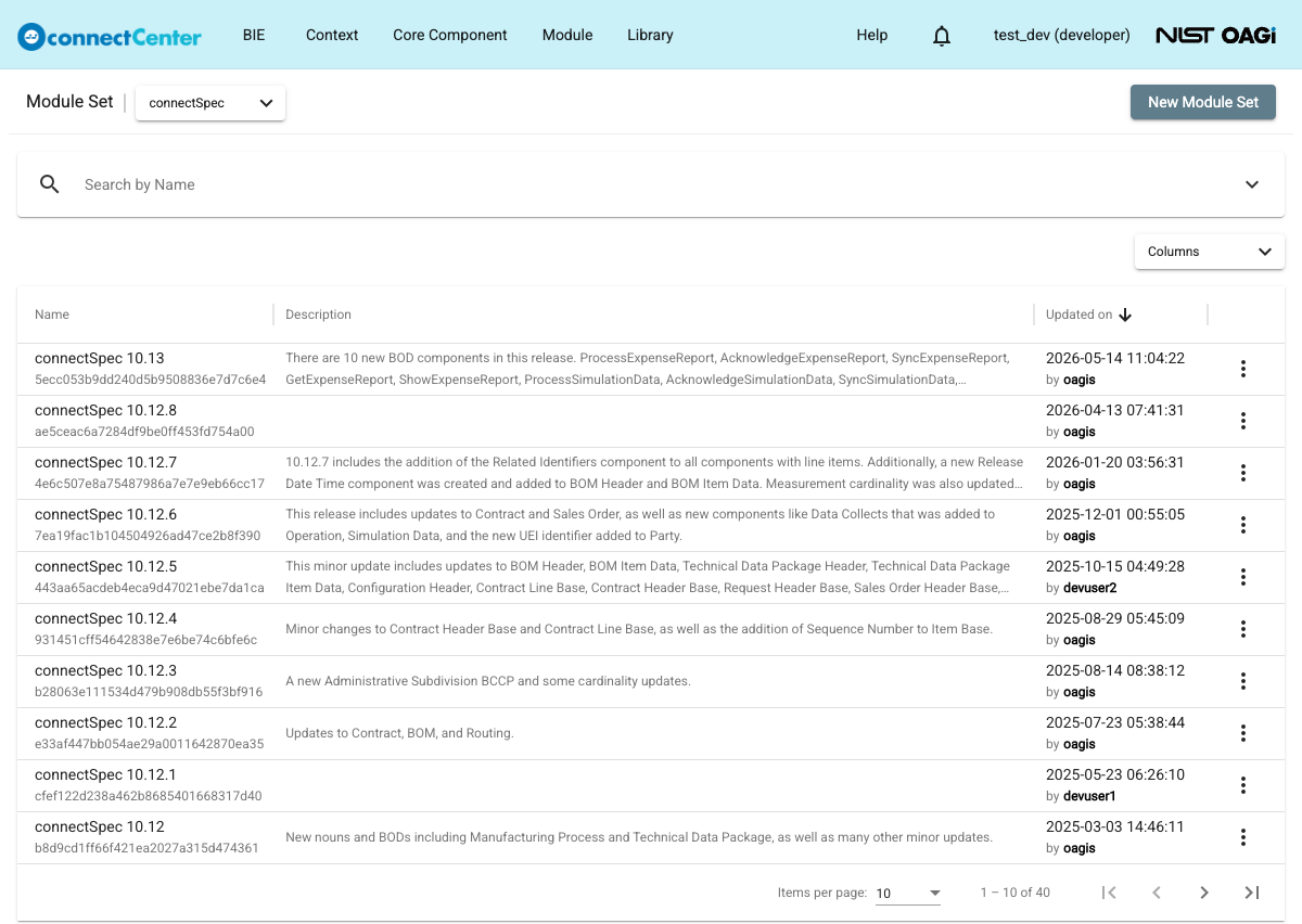 Module Set page listing module sets with the Name, Description, and Updated on columns and the New Module Set button