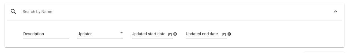Search bar with the advanced filters expanded, showing the Description, Updater, Updated start date, and Updated end date fields
