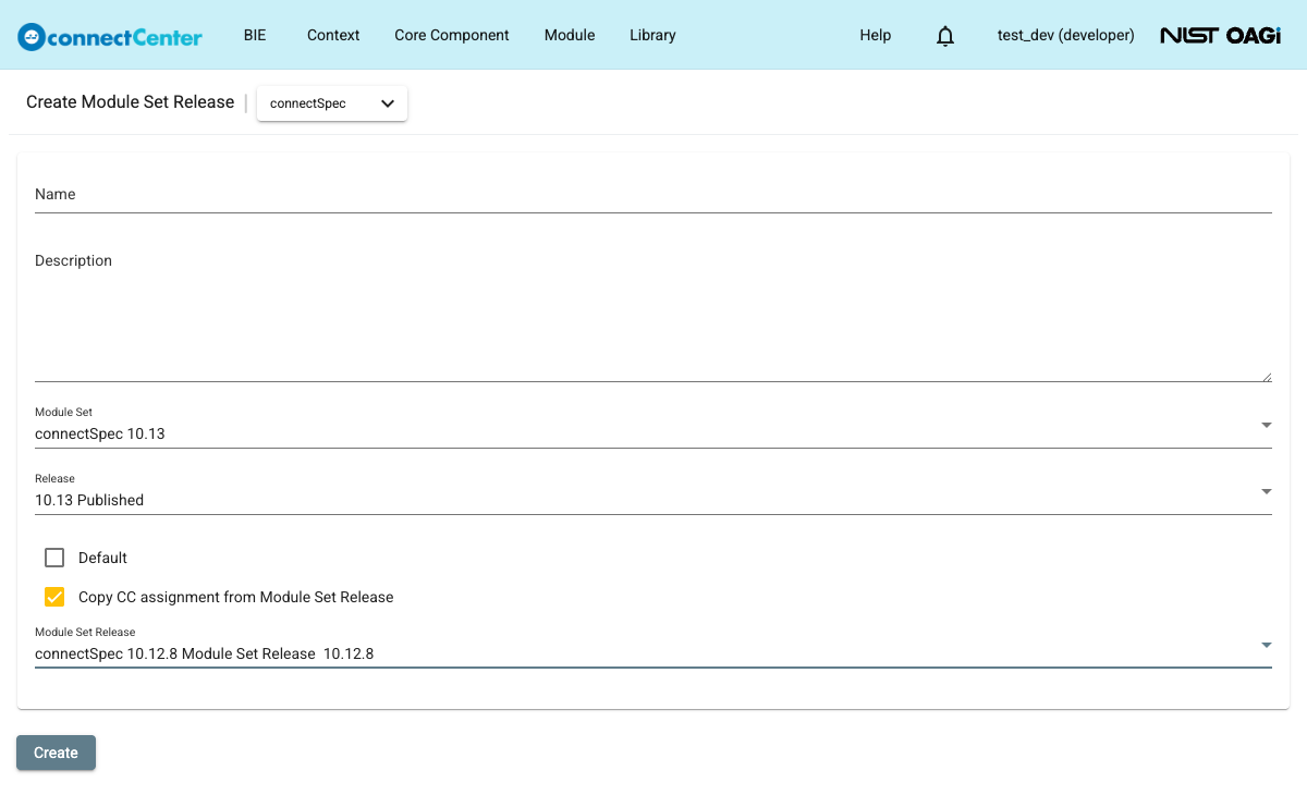 Create Module Set Release page with a Module Set and Release selected and the Copy CC assignment from Module Set Release checkbox checked with a source selected
