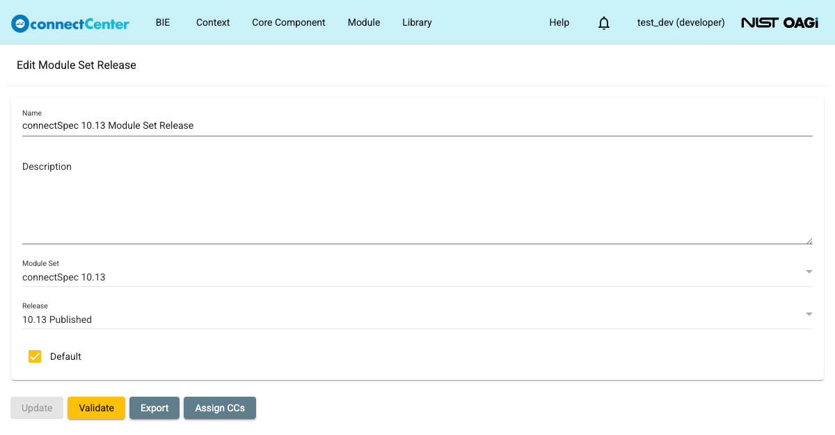 Edit Module Set Release page with the Name, Description, Module Set, Release, and Default fields and the Update, Validate, Export, and Assign CCs buttons