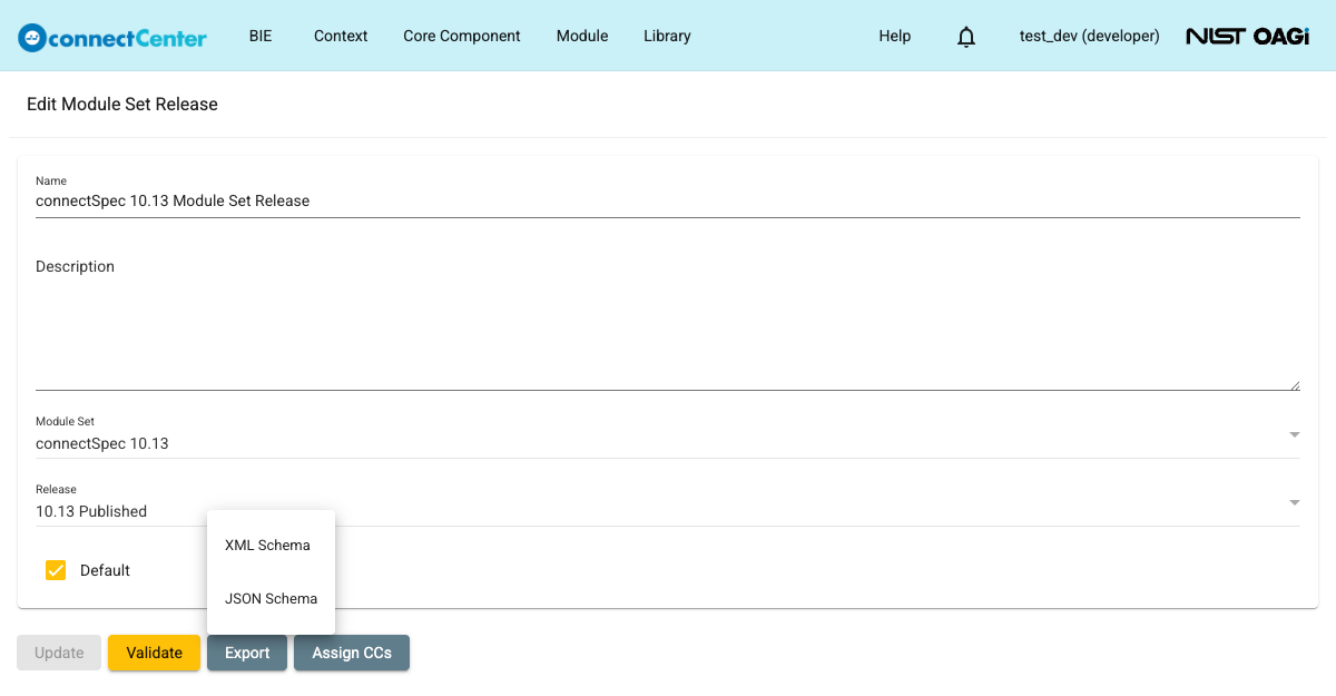 Export menu of the Edit Module Set Release page with the XML Schema and JSON Schema menu items