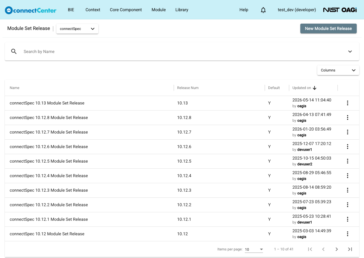Module Set Release page listing module set releases with the Name, Release Num, Default, and Updated on columns and the New Module Set Release button