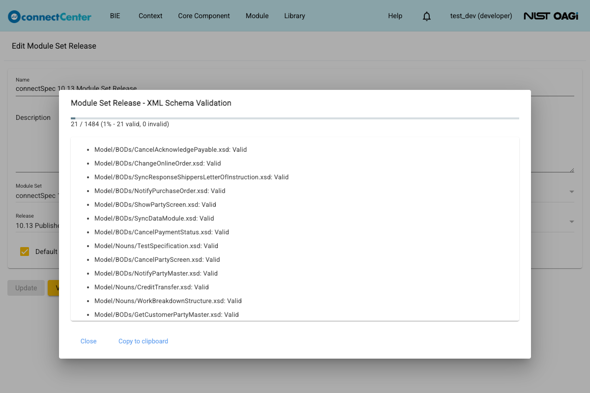 Module Set Release XML Schema Validation dialog with a progress bar and a list of validated files