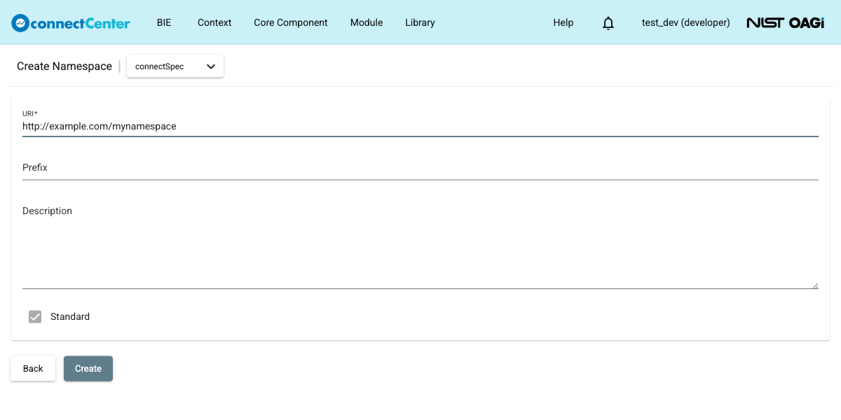 Create Namespace page as a developer with the URI filled out and the Standard checkbox checked and locked
