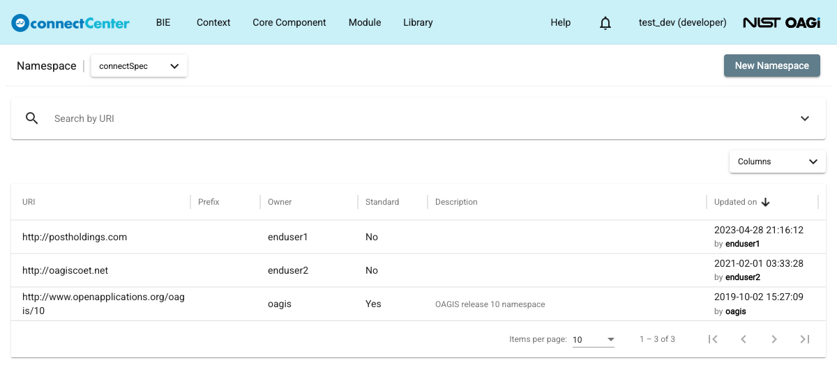 Namespace page listing namespaces with the URI, Prefix, Owner, Standard, Description, and Updated on columns and the New Namespace button