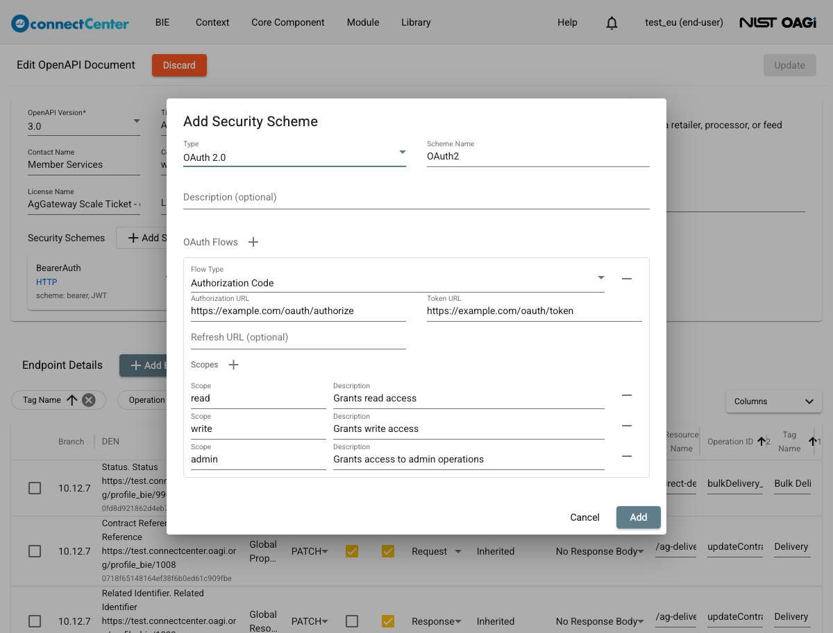Add Security Scheme dialog with OAuth 2.0 selected, showing the Scheme Name OAuth2, the OAuth Flows editor with a pre-filled Authorization Code flow, example authorization and token URLs, and read, write and admin scopes