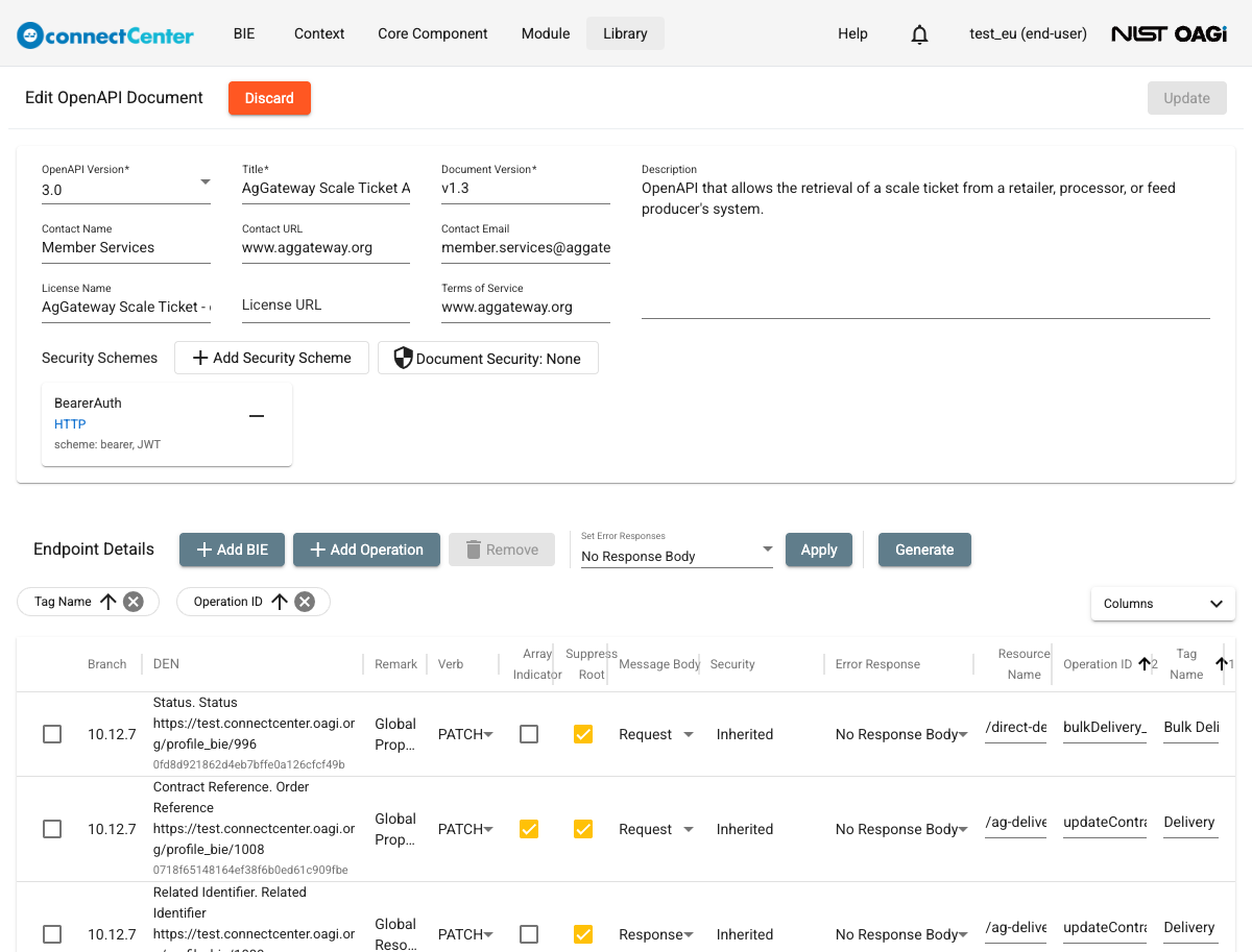 Edit OpenAPI Document page showing the document fields with OpenAPI Version 3.0, the Security Schemes section with a BearerAuth HTTP scheme card and the Document Security: None button, and the Endpoint Details table with PATCH operations