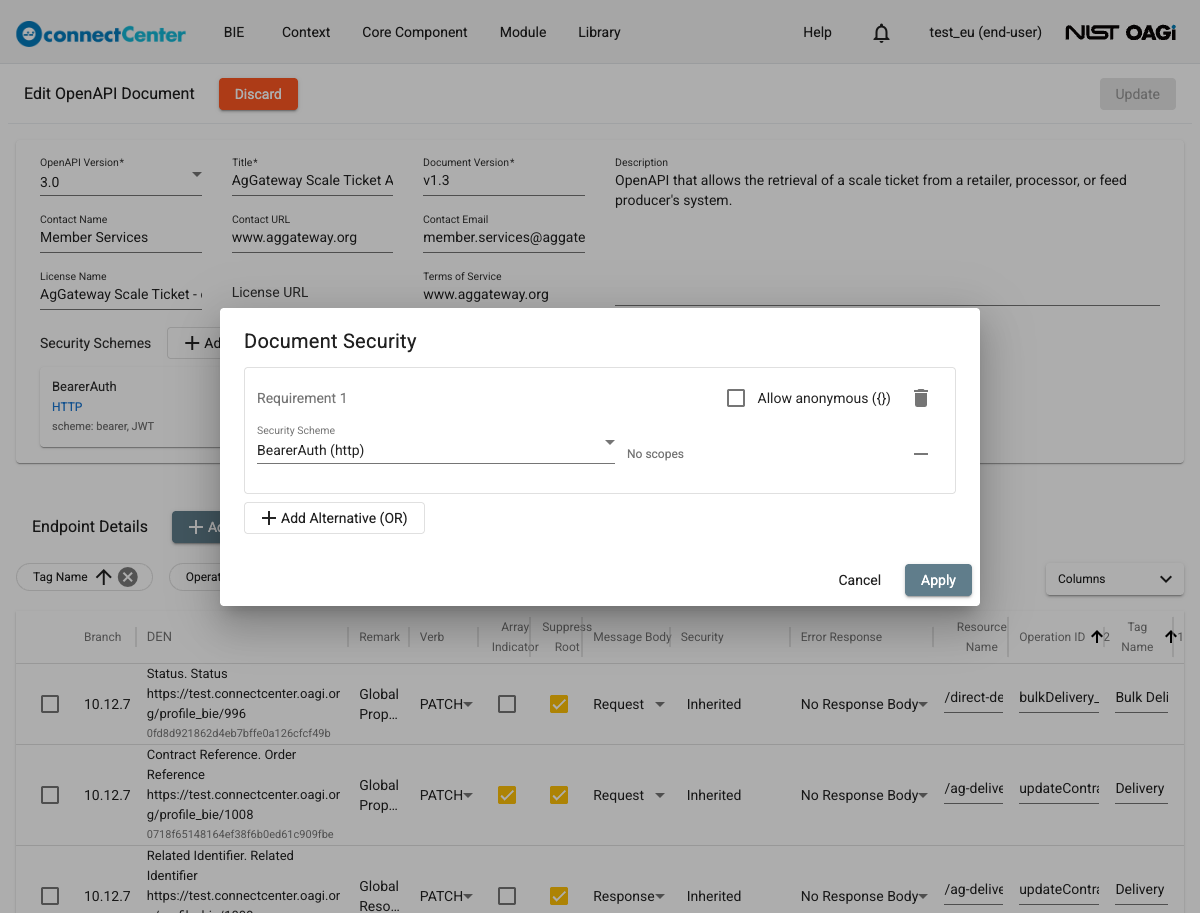 Document Security dialog showing Requirement 1 with the Allow anonymous checkbox, a Security Scheme row set to BearerAuth (http) with No scopes, the Add Alternative (OR) button, and the Cancel and Apply buttons