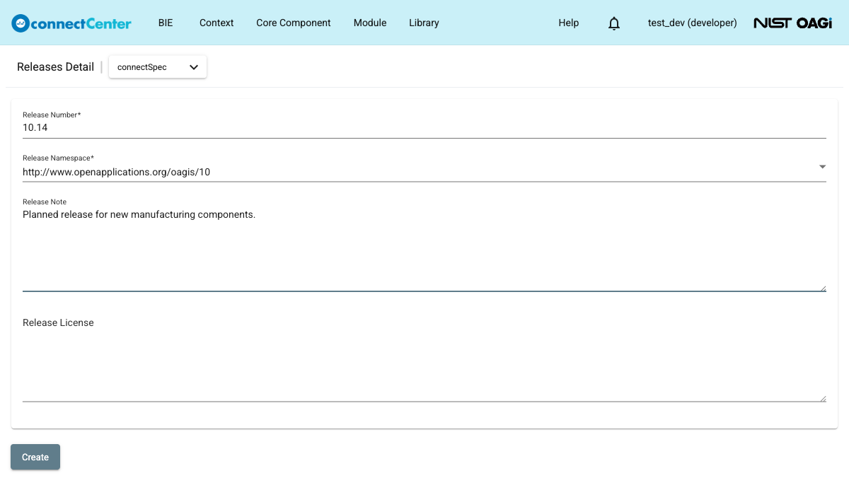 Create release page with the Release Number, Release Namespace, and Release Note fields filled in and an empty Release License field