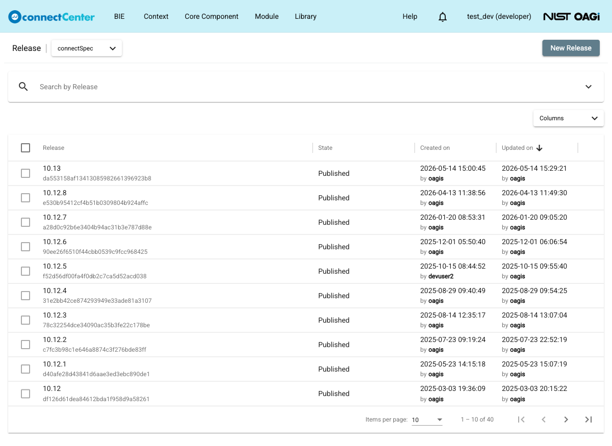 Release page listing releases with the Release, State, Created on, and Updated on columns and the New Release button
