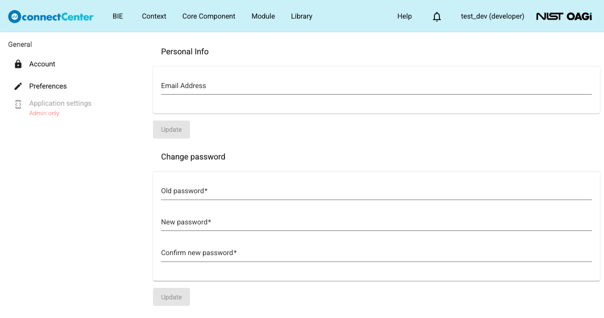 Account settings page with the Personal Info section on top and the Change password section with the Old password, New password, and Confirm new password fields below
