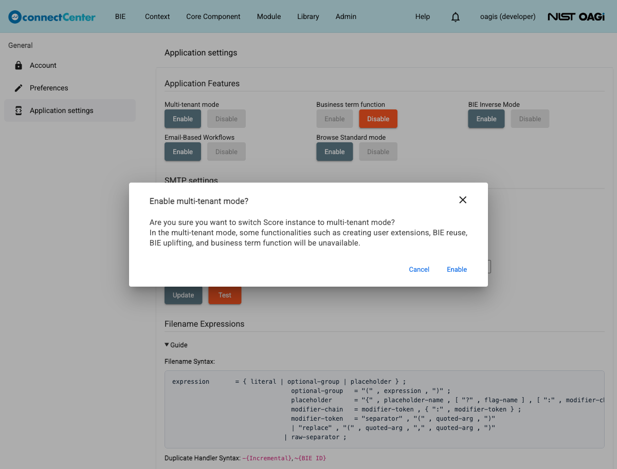 Enable multi-tenant mode confirmation dialog warning that some functionalities will be unavailable, with Cancel and Enable buttons