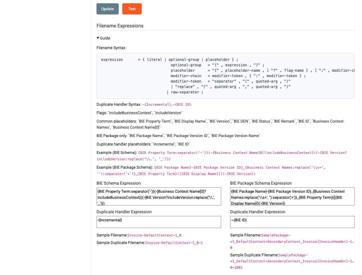 Filename Expressions section with the Guide expanded, showing the filename syntax, placeholders, and the BIE Schema and BIE Package Schema expression fields with sample filename previews