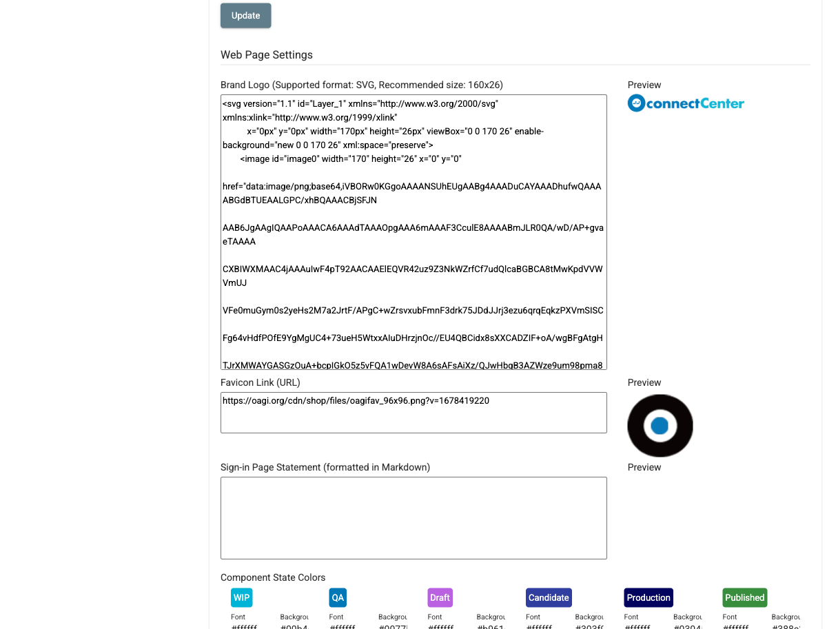 Web Page Settings section with the Brand Logo, Favicon Link, and Sign-in Page Statement fields, their previews on the right, and the Component State Colors below