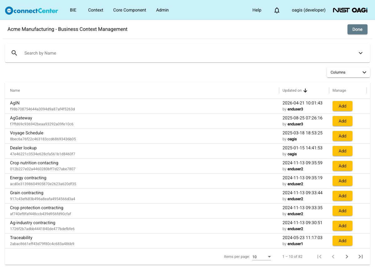 Business Context Management page in the add view listing candidate business contexts with Add buttons, and the Done button in the toolbar