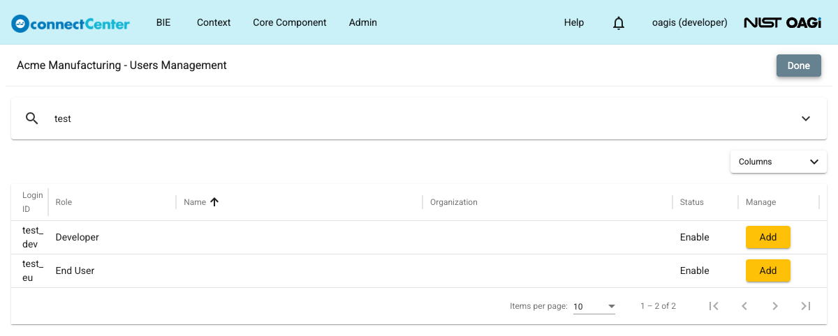 Users Management page in the add view with the search bar filtered and Add buttons for the test_dev and test_eu users, and the Done button in the toolbar