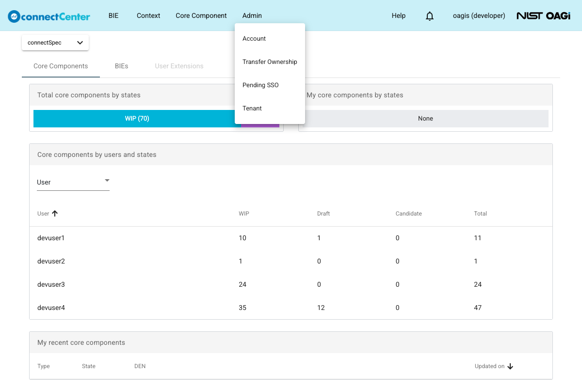 Admin menu opened with the Account, Transfer Ownership, Pending SSO, and Tenant menu items; the top menu has no Module or Library menu