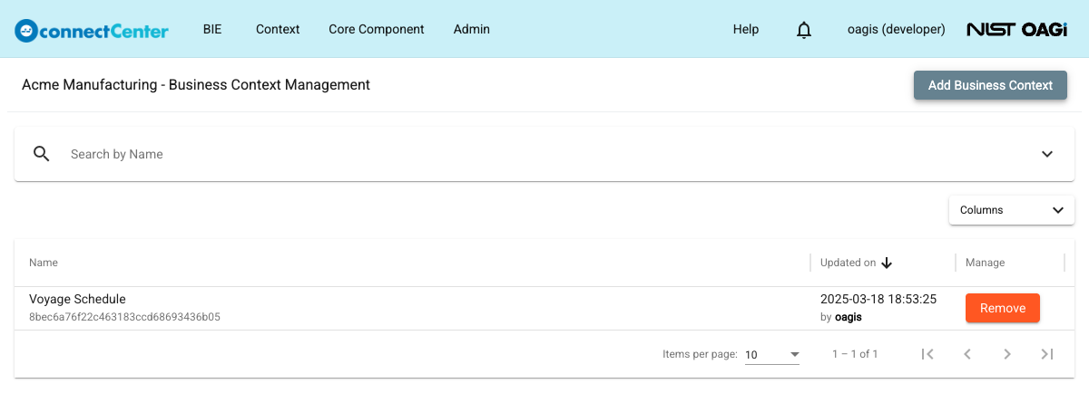Business Context Management page of the Acme Manufacturing tenant listing one associated business context with a Remove button, and the Add Business Context button in the toolbar