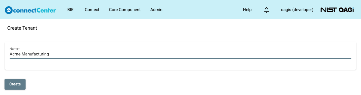 Create Tenant page with the Name field filled out and the Create button