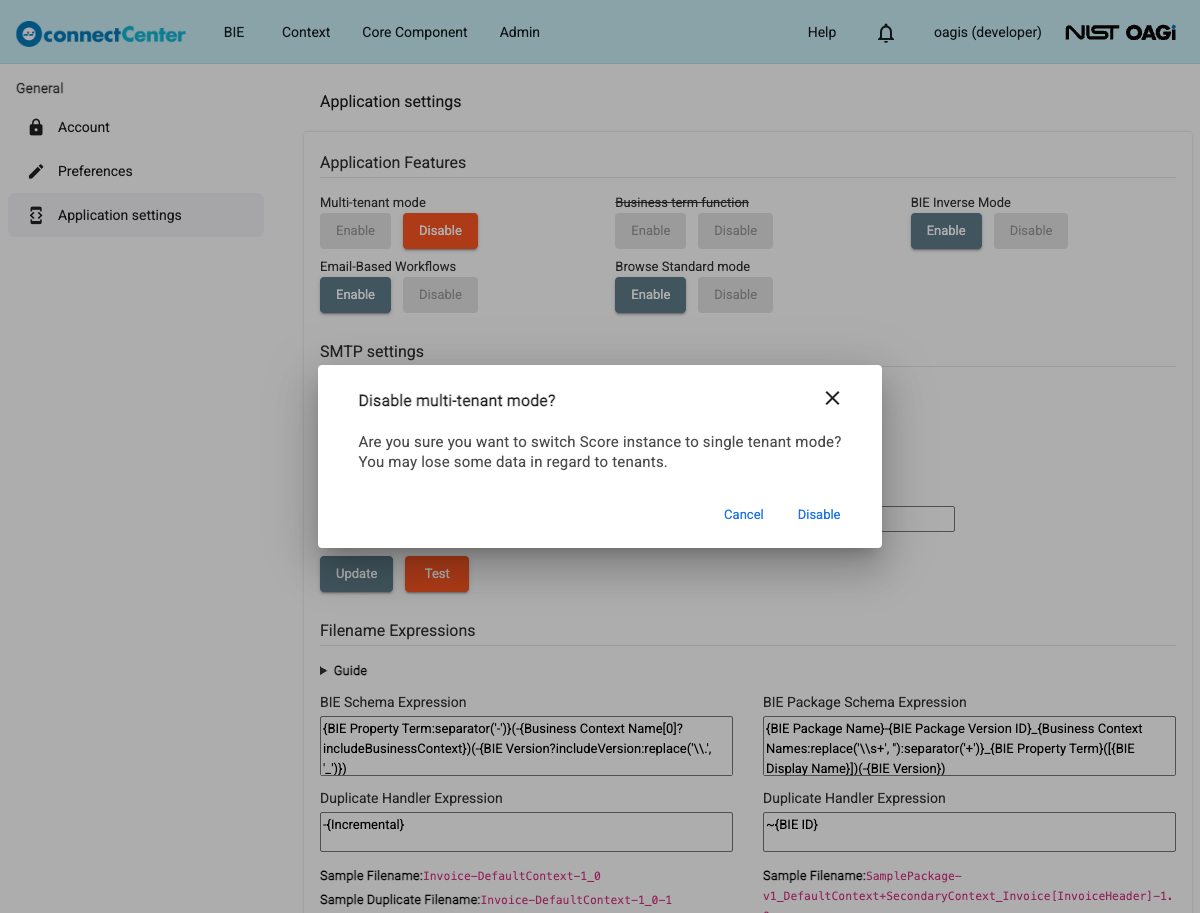 Disable multi-tenant mode confirmation dialog warning about possible loss of tenant data; the Business term function toggle behind is struck through and unavailable