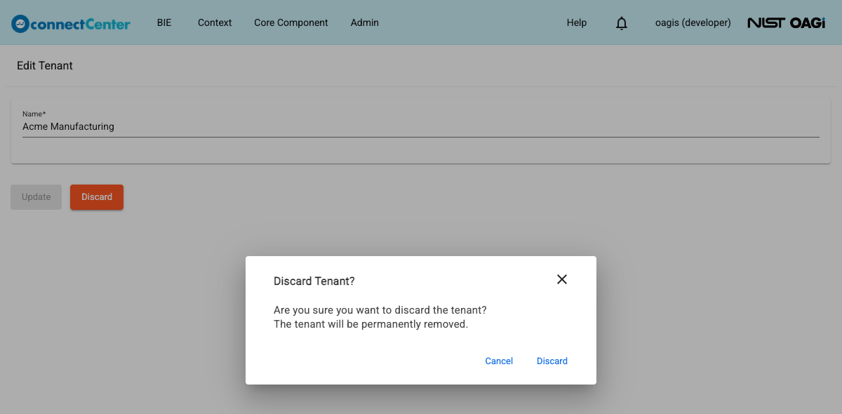 Discard Tenant confirmation dialog warning that the tenant will be permanently removed, with the Cancel and Discard buttons